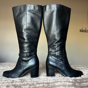 Naturalizer Kalina Women 7.5W Black Leather Tall Shaft Wide Calf Knee High Boots